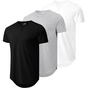 Mens 3 Pack Plain Cotton Shirts Short Sleeve Casual Crew Neck T-Shirts Hipster Hip Hop Longline Tees Drop Cut Curved Hem