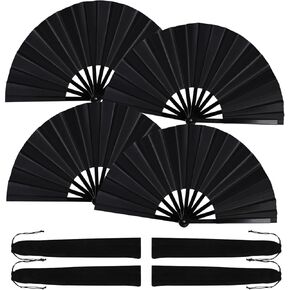 4 Pack Large Folding Hand Fan for Line Dance, Men/Women Rave Hand Fan, Clack Popping Fans for Boots On The Ground Dance, EDM, Wedding, Party (Black)