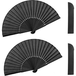 Quacc 2 PCS Black Folding Hand Held Fans Light Strong Thin Fabric Chinese Handheld Tai Ji Fan for Men and Women, Wedding, Dance, Kungfu, Martial Art, Decorations, Party Favor, Gift