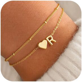 M MOOHAM Initial Heart Gold Bracelets for Women - Layered Dainty Gold Heart Letter A-Z Charm Bracelets for Women, Chain Link Charm Bracelets Beaded Bracelets Birthday Gifts Womens Jewelry