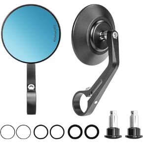 KEMIMOTO Motorcycle Bar End Mirrors, CNC Aluminum 7/8" Handlebar Rearview Mirrors with Blue Anti-Glare Lens, Universal Fit for Motorcycles, E-bikes, Scooters, ATVs - Round Design for Clear & Wide View