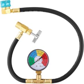 R1234YF Refrigerant Charge Hose Kit, R1234yf Refrigerant Gauge with R1234YF Self-Sealing Can Opener 1/2’’ LH, 90 Degree R1234YF Low Side Quick Coupler, 24'' AC Recharge Hose with Gauge