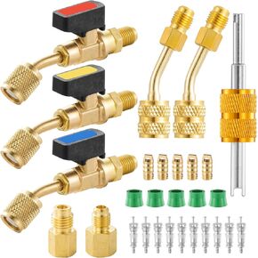 AC Refrigerant Angle Ball Valve Set, Air Conditioner Refrigerant Angled Ball Valve 1/4 to 5/16, R410A Mini Split Adapters with R134A Refrigerant Tank Adapter, Refrigerant Ball Valve Adapter Kit