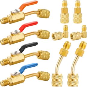 مجموعة صمام كرة مضغوطة مضغوطة المبرد AC ، 10pcs تكييف الهواء صمام كرة التبريد 1/4 مع محولات تقسيم Mini R410A 5/16 "أنثى إلى 1/4" ، ذكور ، خسارة منخفضة أدوات HVAC