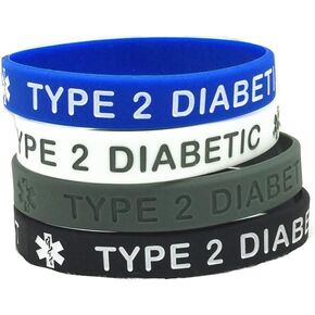 JOYID "Type 2 Diabetic Rubber Diabetes Medical Alert Emergency ID Wristband Bracelet for Women Men (4pcs TYPE2)