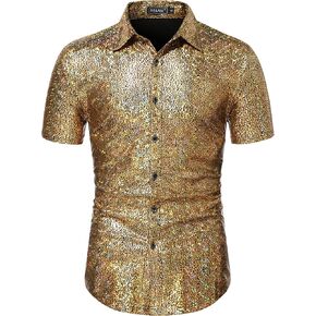 WULFUL Men's Disco Shirt Sequins Short Sleeve Button Down Shirts 70s Party Costume Dress Shirts