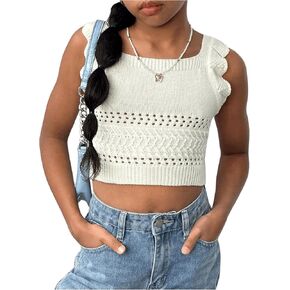 Floerns Girl's Ruffle Straps Knitted Pullover Square Neck Crochet Sweater Tank Top