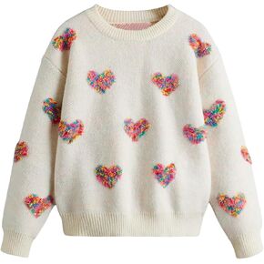 Floerns Girls Casual Heart Patched Cute Crewneck Long Sleeve Pullover Sweater Jumper Tops