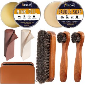 Shoe Polish Kit, 3.5oz Saddle Soap for Leather Cleaning,3.5oz Mink Oil for Boots Polish,3 Horsehair Brushes