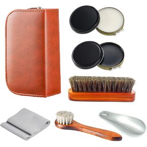 Shoe Care Kit,includes a Medium Horsehair Shoe Brush, a Long-Handled Round Brush, White Shoe Polish, a Black Shoe Polish, a Polishing Cloth, a Shoe Horn, and a Storage Box.