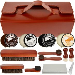 BEE&FLOWER Shoe Polish Kit - 15PCS Luxury Leather Care Set with Horsehair Brush & Wooden Applicator | Cleaning Shine Care Barrel Set | Portable Travel Case Included for Brown/Black Shoes