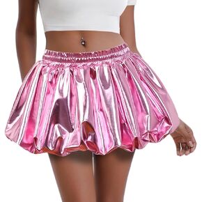 Perfashion Bubble Skirt for Women Metallic Puff Balloon Mini Skorts Rave Sexy Club Outfits with Shorts