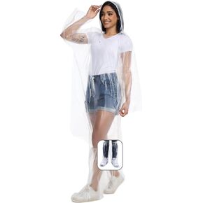 BATHRINS Disposable Rain Ponchos For Adults - 3 Emergency Clear Ponchos With Hoods And 3 Pairs Of Waterproof Boot Covers