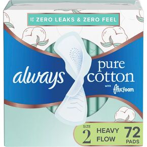 Pure Cotton, Feminine Pads for Women, Size 2 Heavy Flow Absorbency, Multipack, with Flexfoam, with Wings, Unscented, 24 Count x 3 Packs (72 Count Total)