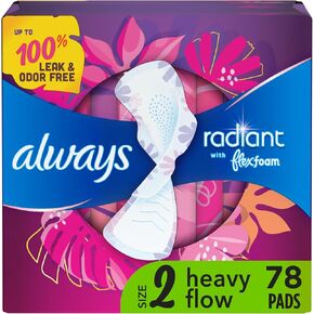 Always Radiant Feminine Pads for Women, Flexfoam Pads with Wings, Size 2, Heavy Absorbency, Lightly Scented, 26 Count x 3 Packs (78 Count total) (Packaging May Vary)