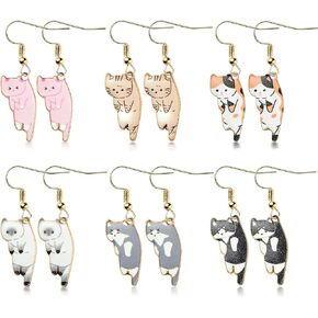 6pairs متدلية أقراط القط Kawaii الجمالية مضحكة كرار كاريكاتير هريرة القطط قطرة متدلية مع Hypoallergenic French Hook Animals عاشق عيد ميلاد هدايا الحفلات للأطفال