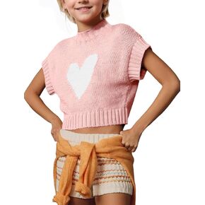 JiAmy Girls Summer Crop Tops Cap Sleeve Mock Neck Sweater Vest Cute Heart Knit Tank Tops Loose Casual Pullover