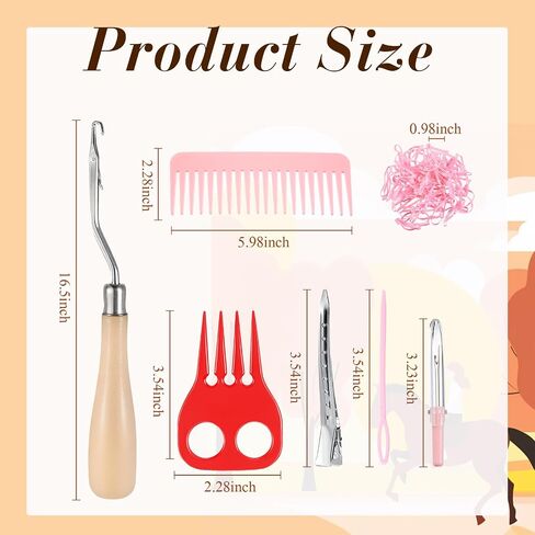 9 Pcs Mane Braiding Kit with Belt Horse Braiding Kit Including Removable Belt with Rug Hook Pin Brush Thread Cutter Mane Comb Hair Clips and Rubber Bands for Western Horse Party in Saudi Arabia