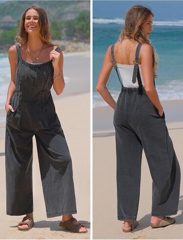 Exlura Women Summer Summs Summs Denim Fit Fit Wide Leg Bib Belesuits عرضة جينز فضفاض قابلة للتعديل مع جيوب 2025 in Kuwait