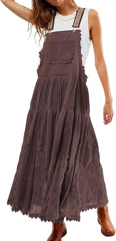 CHARTOU Women Bib Overall Dress Jumper Babydoll Pinafore Dress Embroidered Lace Maternity Straps Suspender Dress in Saudi Arabia