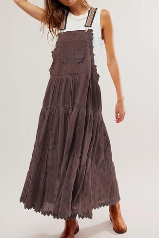 CHARTOU Women Bib Overall Dress Jumper Babydoll Pinafore Dress Embroidered Lace Maternity Straps Suspender Dress in Saudi Arabia