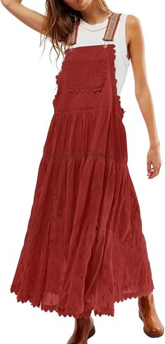 CHARTOU Women Bib Overall Dress Jumper Babydoll Pinafore Dress Embroidered Lace Maternity Straps Suspender Dress in Saudi Arabia