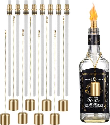 8 PCS Long Long Wine Bottle Lamp Tiki Torch Kit تشمل مجموعة مصباح زجاجة Tiki Torch Wick مع بديل Tiki Torch Wicks Piberglass و 8 أغطية لـ DIY Torch Torch Decor in Kuwait