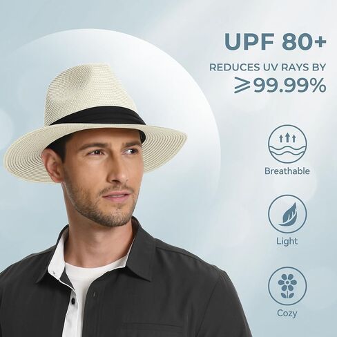 Sun Hat Straw Fedora Hats for Men Women Beach Hat Panama Hat Men Wide Brim Summer Hats UPF80+ in Saudi Arabia