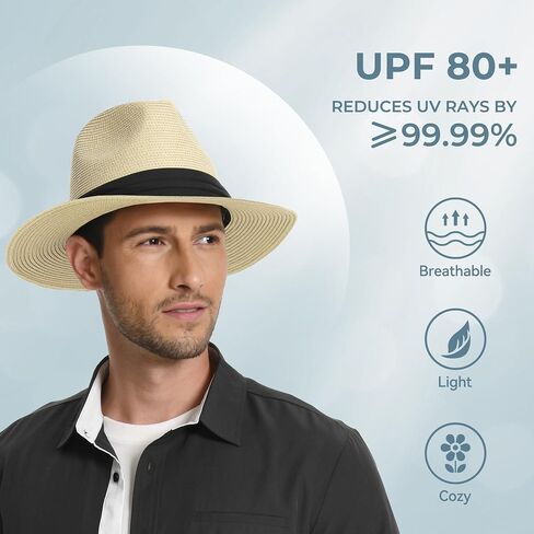 Sun Hat Straw Fedora Hats for Men Women Beach Hat Panama Hat Men Wide Brim Summer Hats UPF80+ in Saudi Arabia