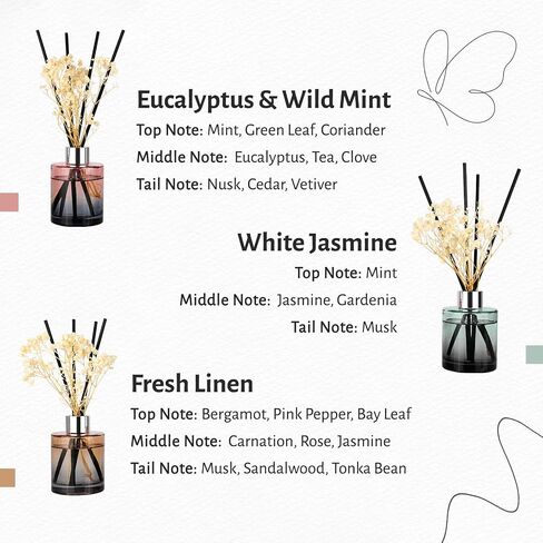 Brakula 3 Pack Diffuser ، عصي ناشر الزيت ، الكتان الطازج ، الياسمين الأبيض ، الفانيليا اللافندر (4 أوقية كل حزمة) ، عطر المنزل مع 18 عصا ، ديكور الحمام ، ناشرات القصب للمنزل in Kuwait