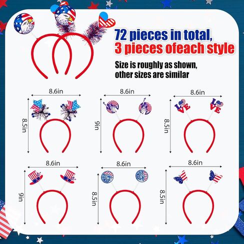 72 PCS رئيس الوطني Boppers استقلال عقال يوم العلم الأمريكي رئيس الرأس الأحمر الأزرق الأزرق الحزب 4 يوليو الملحقات للنساء المسيرات المحاربين القدامى حفلات حفلة in Saudi Arabia