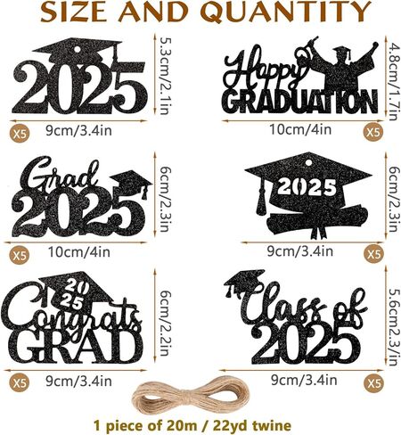 MARFOREVER 2025 Graduation Cutouts, 30Pcs Glitter Grad Cap 2025 Cutout Tags Centerpiece Double Side 2025 Graduation Party Decorations for Class of 2025 Congrats Grad Party Favors Supplies, Black in Kuwait