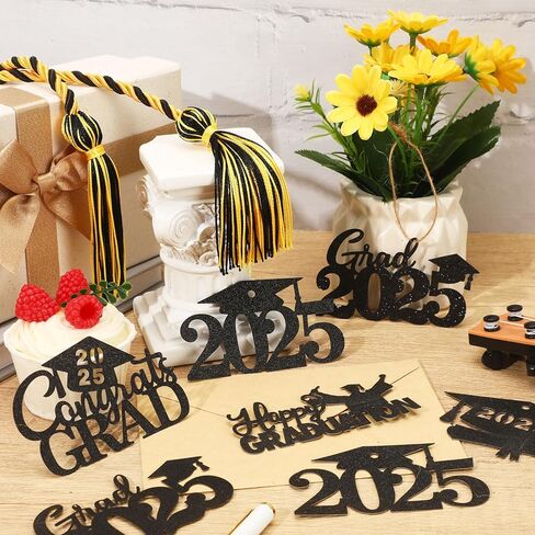 MARFOREVER 2025 Graduation Cutouts, 30Pcs Glitter Grad Cap 2025 Cutout Tags Centerpiece Double Side 2025 Graduation Party Decorations for Class of 2025 Congrats Grad Party Favors Supplies, Black in Kuwait