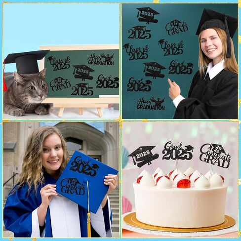 MARFOREVER 2025 Graduation Cutouts, 30Pcs Glitter Grad Cap 2025 Cutout Tags Centerpiece Double Side 2025 Graduation Party Decorations for Class of 2025 Congrats Grad Party Favors Supplies, Black in Kuwait