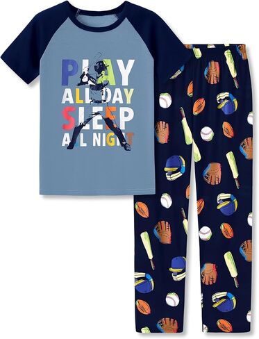 Tebbis Pajamas for Boys Fun Baseball Navy Blue Shorts & Pants 2 قطعة PJS مجموعة Comfy Sleep-Size 6-18 in Kuwait