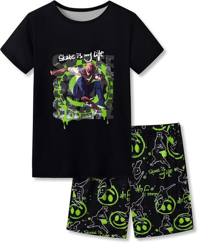 Beezizac Big Boys Pajamas Teal & Navy Face 2-Piece Fun Short Sleeve PJ Set Kid Cozy Sleepwear Children Size 6-18 in Saudi Arabia