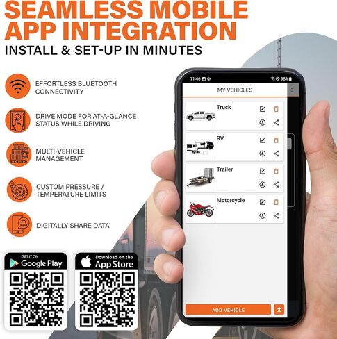 PressureTechTM Wireless Tire Pressure Monitoring System - TPMS Sensors for Cars, RVs, Motorcycles and Trailers - Real-Time Display w/iOS or Android App (0-150 PSI) (Pack of 2) in Kuwait