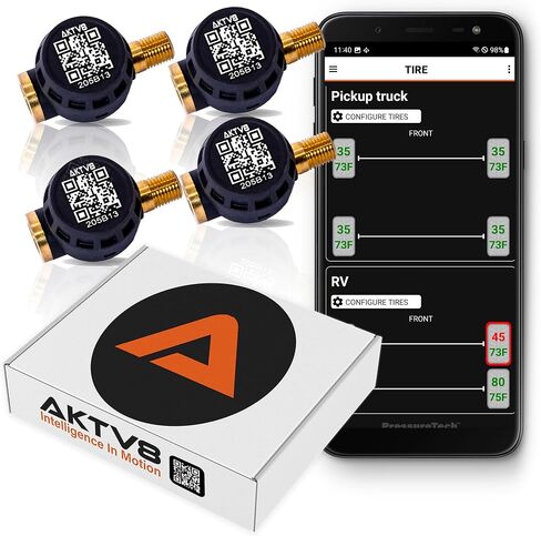 PressureTechTM Wireless Tire Pressure Monitoring System - TPMS Sensors for Cars, RVs, Motorcycles and Trailers - Real-Time Display w/iOS or Android App (0-150 PSI) (Pack of 2) in Kuwait