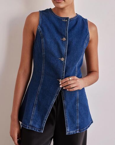 Women’s Long Denim Vest Waistcoat Vest Sleeveless Button-Up Back Slit Jean Jacket Vest Y2k Clothes in Saudi Arabia