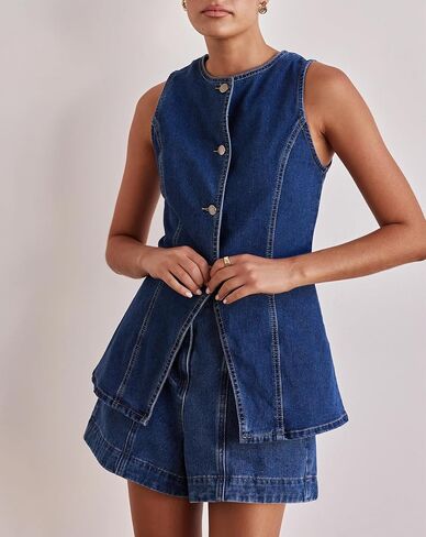 Women’s Long Denim Vest Waistcoat Vest Sleeveless Button-Up Back Slit Jean Jacket Vest Y2k Clothes in Saudi Arabia