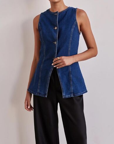 Women’s Long Denim Vest Waistcoat Vest Sleeveless Button-Up Back Slit Jean Jacket Vest Y2k Clothes in Saudi Arabia