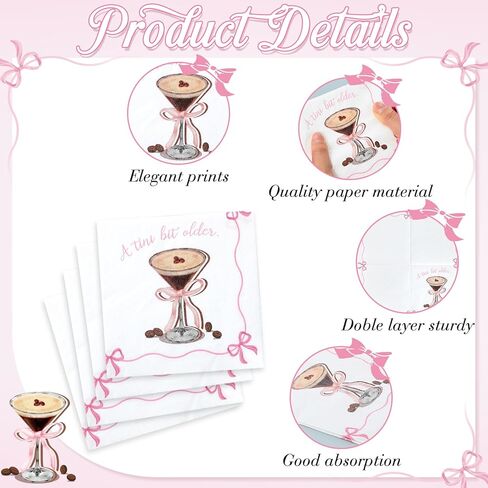 Crtiin 100 Pcs Espresso Martini Napkins a Tini Bit Older Party Supplies Pink Bow Disposable Paper Napkins Bachelorette Party Decorations for Martini Coquette Bar Birthday Decors in Kuwait