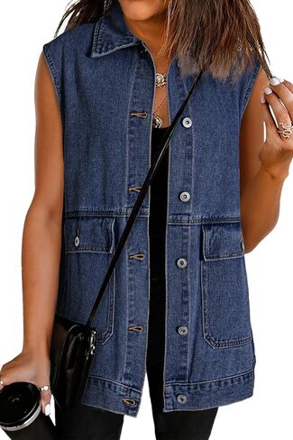 Dokotoo Womens Fashion 2025 Casual Denim Vest Oversized Mid Long Jean Vest Sleeveless Jean Jacket Shacket with Pockets in Saudi Arabia