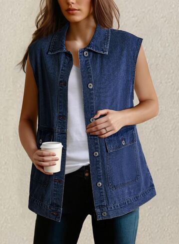Dokotoo Womens Fashion 2025 Casual Denim Vest Oversized Mid Long Jean Vest Sleeveless Jean Jacket Shacket with Pockets in Saudi Arabia