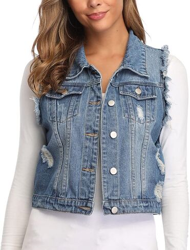 MISS MOLY Women's Cropped Distressed Ripped Denim Vest Classic Sleeveless Jean Vest Jackets With Flap Pockets in Saudi Arabia