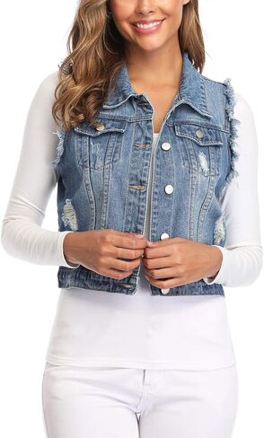 MISS MOLY Women's Cropped Distressed Ripped Denim Vest Classic Sleeveless Jean Vest Jackets With Flap Pockets in Saudi Arabia