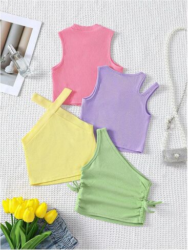 OYOANGLE Toddler Girl's 4 Pack Ribbed Knit Crop Tank Tops Set One Shoulder Summer Camisole in Saudi Arabia
