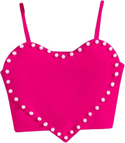 OYOANGLE Girl's Cute Pearl Beaded Spaghetti Strap Cami Top Asymmetrical Hem Slim Fit Crop Tops in Kuwait