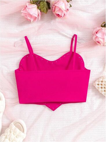 OYOANGLE Girl's Cute Pearl Beaded Spaghetti Strap Cami Top Asymmetrical Hem Slim Fit Crop Tops in Kuwait