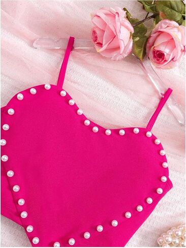 OYOANGLE Girl's Cute Pearl Beaded Spaghetti Strap Cami Top Asymmetrical Hem Slim Fit Crop Tops in Kuwait